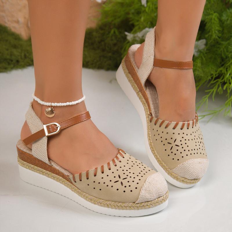 女性用 ローマサンダル 夏 丸トゥ 厚底 ウェッジヒール オープントゥ 透湿 通気 ストラップ バックル デタッチャブル イージー ウォーク カジュアル スタイル ブラック レッド ブラウン アイボリー ネイビー サイズ展開 大きめ 軽量 快適 フィット
