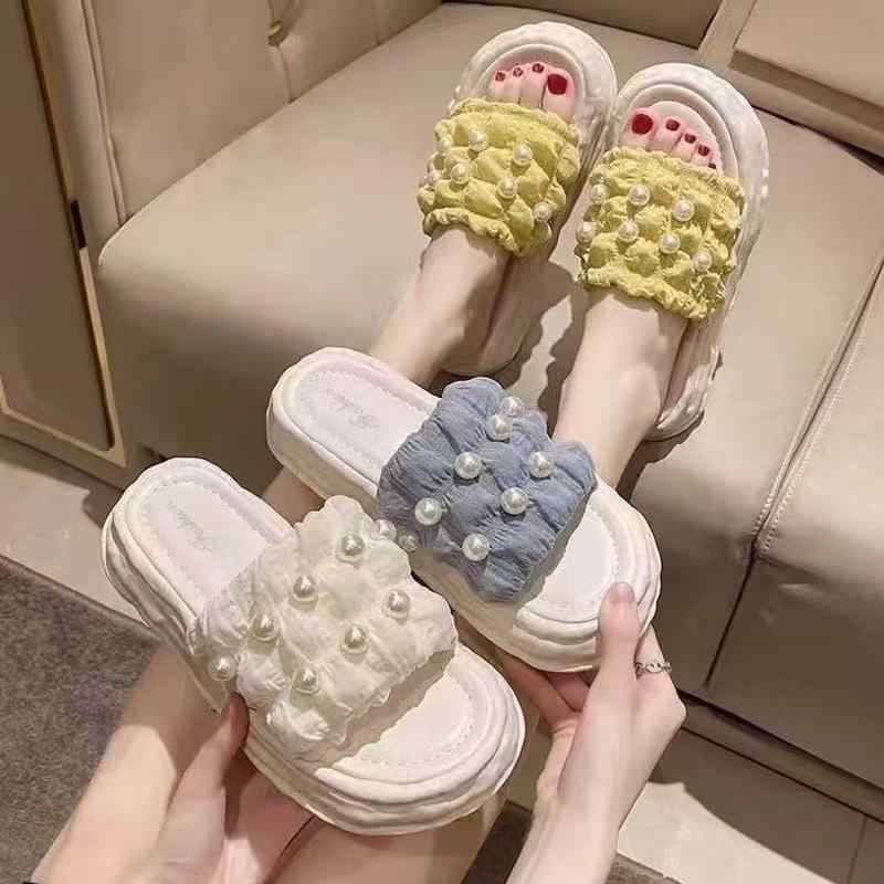 レディース 夏 仙女風 かわいい プリンセス スタイル サンダル 厚底 プラットフォーム 布 素材 珍珠 装飾 丸頭 一本ストラップ ビーチ シューズ 軽量 通気性 吸湿速乾 白 ブルー イエロー