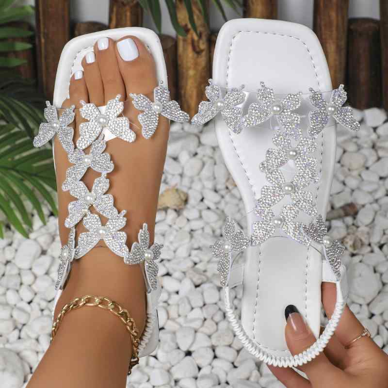 サンダル 女性用 夏用 プラスチック装飾 ストラップ フラットシューズ 大きいサイズ 方頭 花柄 革切り替え 低カット バックオープン サイドオープン 透気性 耐久性 ゴム底 PU素材 カラキ色 ブラックホワイト ブラック ホワイト 普段使い 軽量 カジ