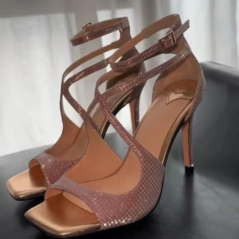 サンダル 女性用 夏 桜花粉 7cm 9cm 魚嘴 セクシー トゥオープン クロスストラップ スパンコール 細ストラップ ポインテッドトゥ 細ヒール ファッション ベーシック ハイヒール 軽量 合成皮革 伸縮性 吸湿速乾 通勤 普段使い デイリー 欧米風
