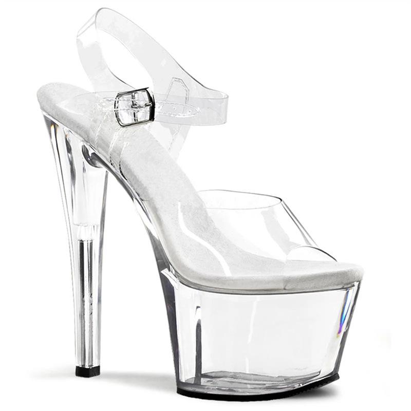 ファッションサンダル 女性用 ハイヒール 細ヒール 防水台 夜店風 ヒールアップ 丸トゥ 光沢 ブラック クリア 透明 PVC素材 ピッグスエード内張り バックル着脱 プラスチックソール 欧米スタイル カジュアル ダンスシューズ ウェディングシューズ 普