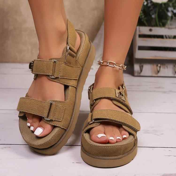 サンダル レディース メンズ 魔術テープ ローマンスタイル 厚底 夏用 ビーチシューズ 丸トゥ 牛皮绒素材 ラバーソール 接触冷感 軽量 伸縮性 ブラック 栗色 春夏 通勤用 アウトドア 普段使い 切り替えデザイン ビッグシルエット