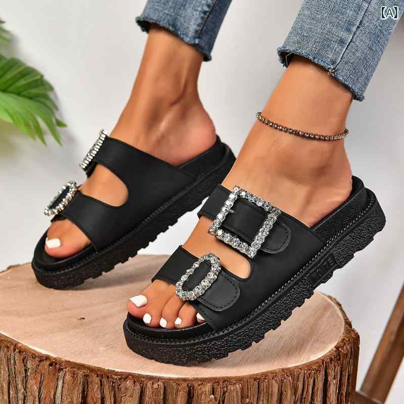 サンダル 女性用 厚底 ビーチサンダル ストラップ ラインストーン 装飾 バックル ...
