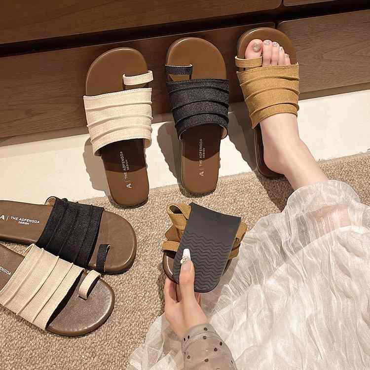 女性用 サンダル 夏用 外履き 軽便 普段使い フラット ストラップ ビーチ 透気性 PU素材 ゴム底 純色 ブラック ベージュ アイボリー 日常カジュアル 粘着加工 低厚底