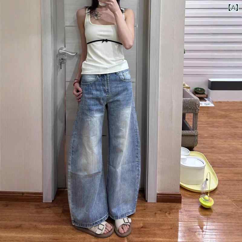 牛仔パンツ 女性用 夏 デニム ストレート ロングパンツ 高腰 中厚 ワッシュ加工 ブルー 韓国風 ゆったり ワイドレッグ 長ズボン コットン素材 ビッグサイズ ストリートスタイル ビンテージ風 洗い加工 デニムパンツ ハイウエスト ゆったりパンツ コッ