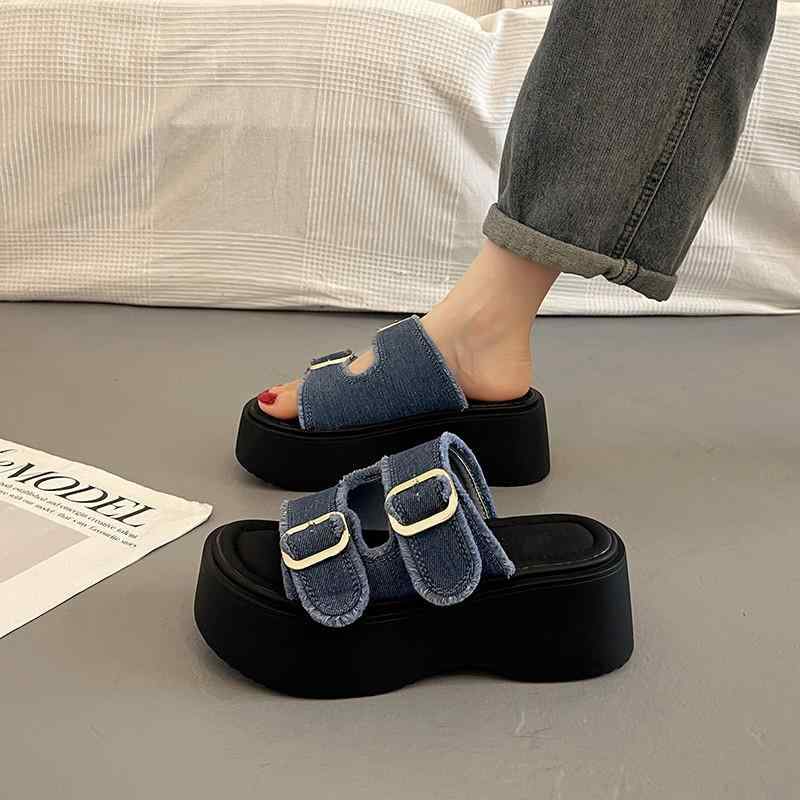 其它 - サンダル 女性用 厚底 厚底サンダル デニム 合成革 丸トゥ 後ろストラップ ビーチサンダル ルーズフィット 夏 春夏 吸湿速乾 軽量 ブラック ブルー 接触冷感 伸縮性 普段使い 部屋着