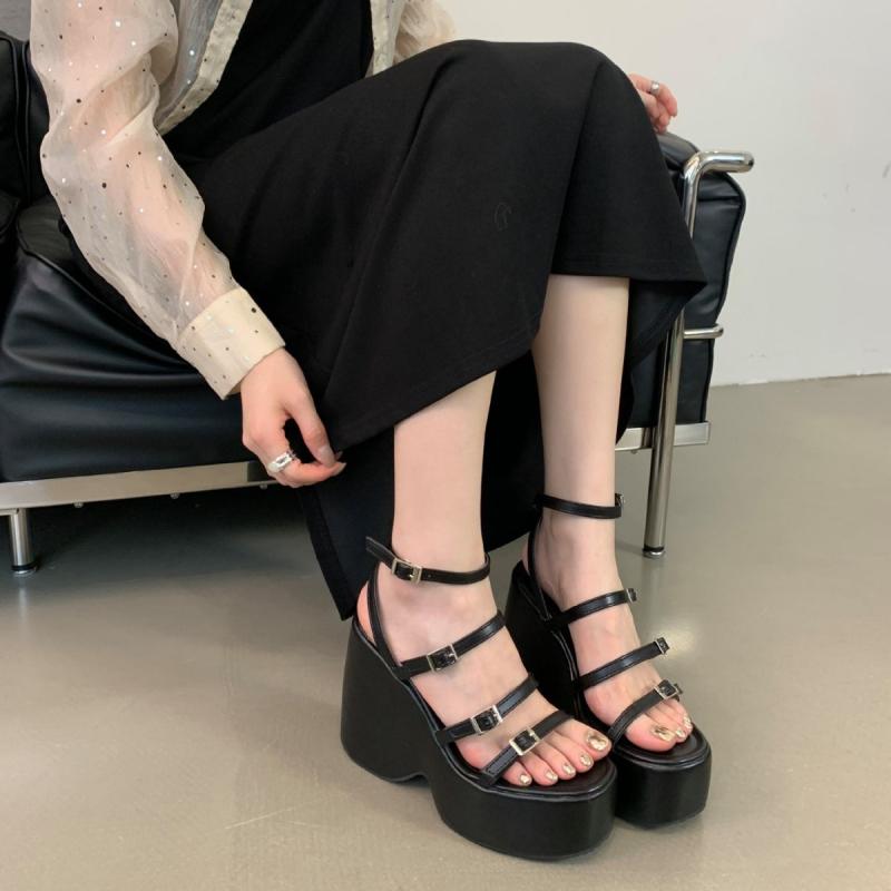 サンダル 女性用 厚底 ウェッジソール オープントゥ 防水 ローマンスタイル ファッション シンプル バックル インソール ブラック シルバー PU素材 ラバーソール 夏用 軽量 伸縮性 吸湿速乾 普段使い カジュアル(4.0)