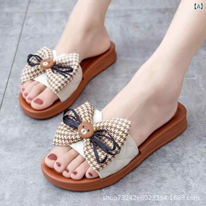サンダル 女性用 フラット バタフライボウ PVC素材 ソフトソール 快適 軽量 外出用 普段使い ビーチサンダル 千鳥格子柄 杏色 ブラック 春夏 カジュアルスタイル