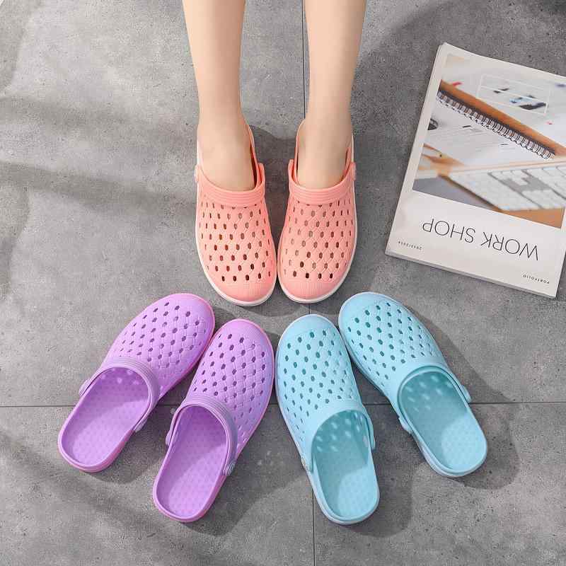 女性用 包頭サンダル 洞洞靴 ラバーソール 防滑 減震 軽量 ラバー底 春夏 スカイブルー ピンク系 カーキ ブラック ネイビー オレンジ ブラウン ピーチホワイト グレーグリーン ベトナム製 ベーシックカラー 穴あきデザイン フリンジ ユニセックス 母