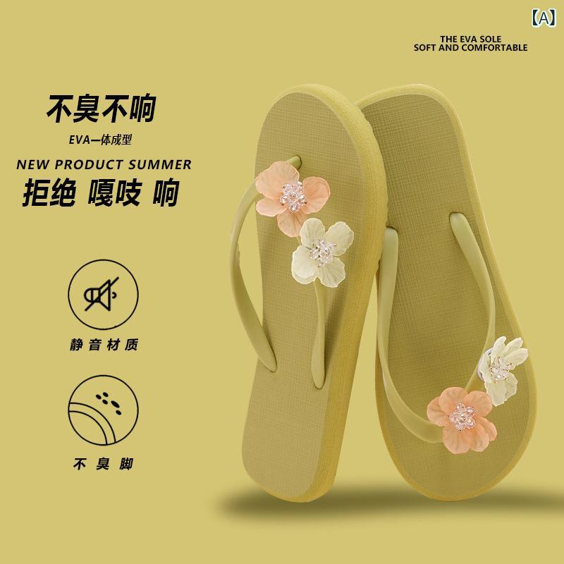 サンダル 女性用 春夏 仙女風 フラワー 装飾 PVC 素材 ラバーソール 注塑加工 平底 ビーチサンダル 防滑 防水 足挟み タイプ 緑 ホワイト ブラック カラー DIY ハンドメイド 軽量 伸縮性 夏 海辺 レジャー 普段使い