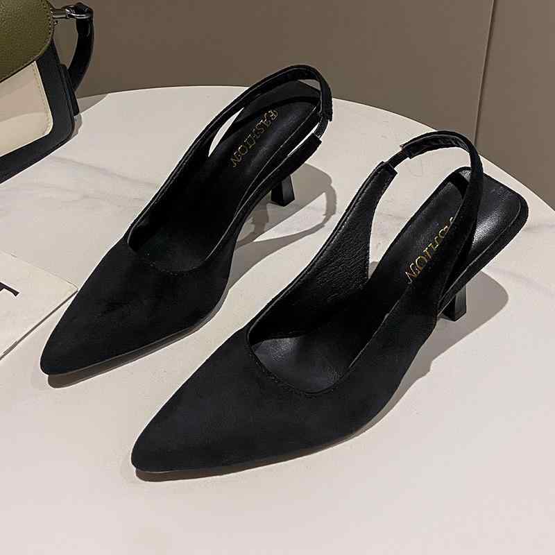 レディース 夏用 包頭後空 細跟サンダル 尖頭 黒 かき色 黄色 すべり止め ラバー底 PU内張り 中丈ヒール 3-6cm 韓風 セクシー 足太め対応 接触冷感 軽量 通気性 伸縮性 カジュアル 普段使い 外出 伸縮素材 ビッグシルエット ハイウエスト