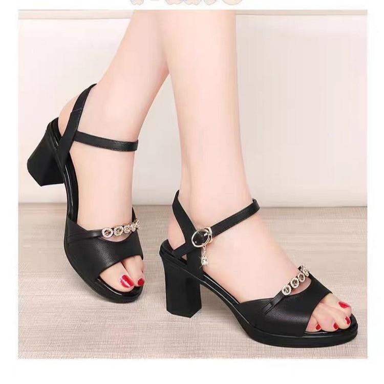 サンダル 女性用 魚嘴 ストラップ 粗ヒール 米白色 ブラック PU素材 夏 春夏 接触冷感 軽量 伸縮性 吸湿速乾 ハイウエスト ビッグシル..