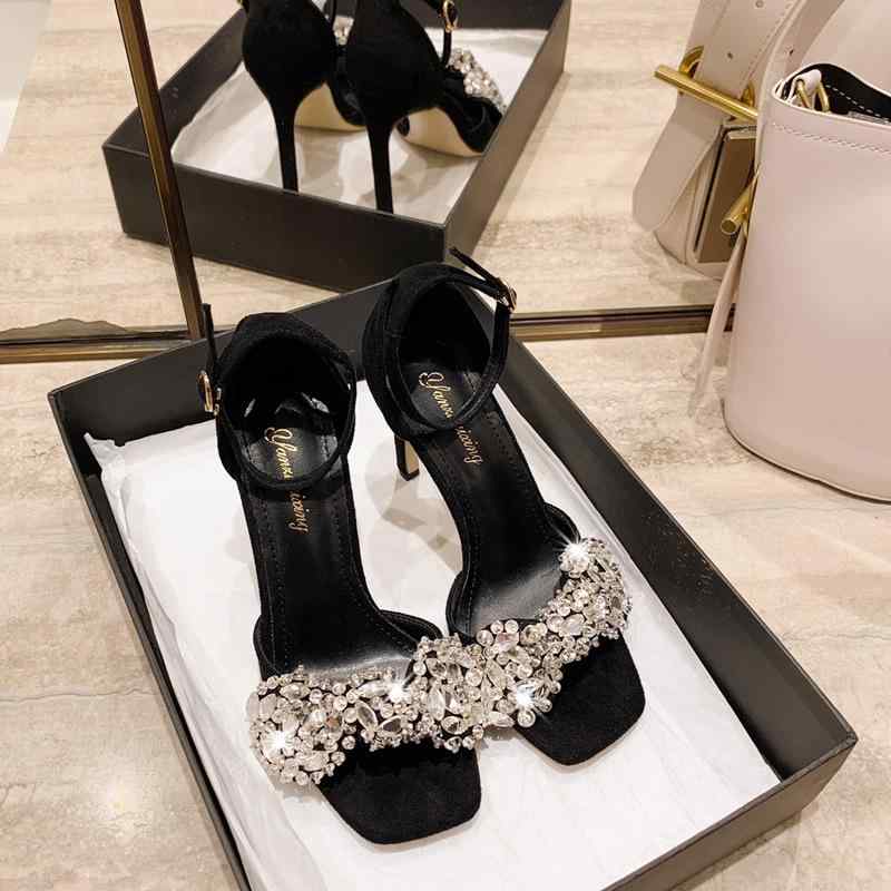 サンダル 女性用 春夏 細ヒール 方先 オープントゥ ストラップ 欧米風 ファッション コーディネート スエード クリスタル ハイヒール ブラック 接触冷感 軽量 伸縮性 吸湿速乾 ハイウエスト ビッグシルエット Vネック 通勤用 普段使い アウトドア