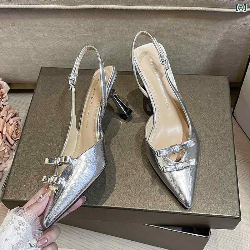 女性用 尖頭 細ヒール オープントゥ ストラップサンダル シルバー 米白 绸缎素材 接触冷感 後空デザイン 夏用 通勤 普段使い 軽量 伸縮性 高級感 吸湿速乾 ビッグシルエット Vネック風 ハイウエスト調 カジュアルスタイル アウトドア対応 再生繊維
