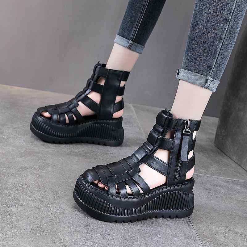 女性用 春夏 ローマンサンダル 厚底 厚底靴 真皮 牛革 黒 丸トゥ 切り替え デザイン 復古スタイル 軽量 側面ジッパー 通気性 足元快適 普段使い 夏コーデ 足元おしゃれ