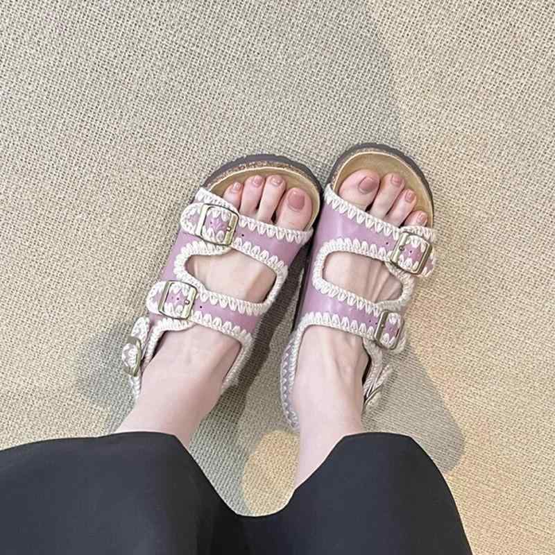 Slippers, Room Shoes - サンダル 女性用 厚底 ベルトバックル ブケン風 ファッション 米色 紫色 磨砂皮 ラウンドトゥ ゴム底 超繊 接触冷感 夏 春夏 通勤 普段使い アウトドア 軽量 通気性 伸縮性 ハイウエスト ビッグシルエット