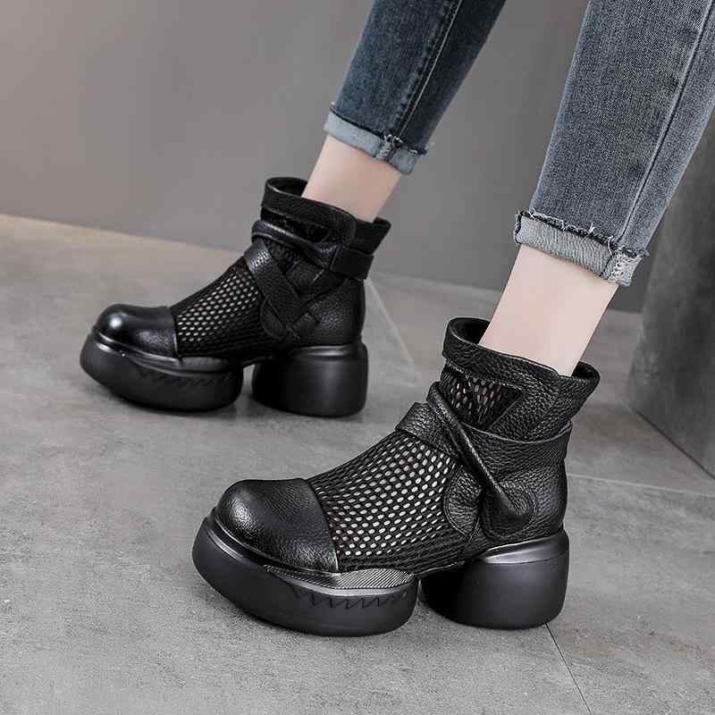 レディース 春夏 ローマサンダル 女性用 短靴 メンズ風 厚底 7cm 粗底 ルーズフィット メッシュ 牛革 網面 丸トゥ 復古 スタイル 魔法テープ 着脱 簡単 軽量 吸湿速乾 接触冷感 ブラック ブラウン ルームリー カジュアル 普段使い アウトドア