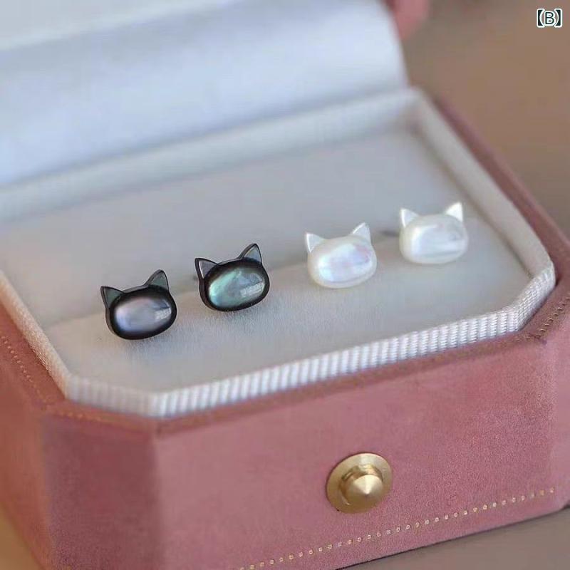 イヤリング 女性用 かわいい猫モチーフ 天然貝殻 925シルバー 電気メッキ加工 ジル...
