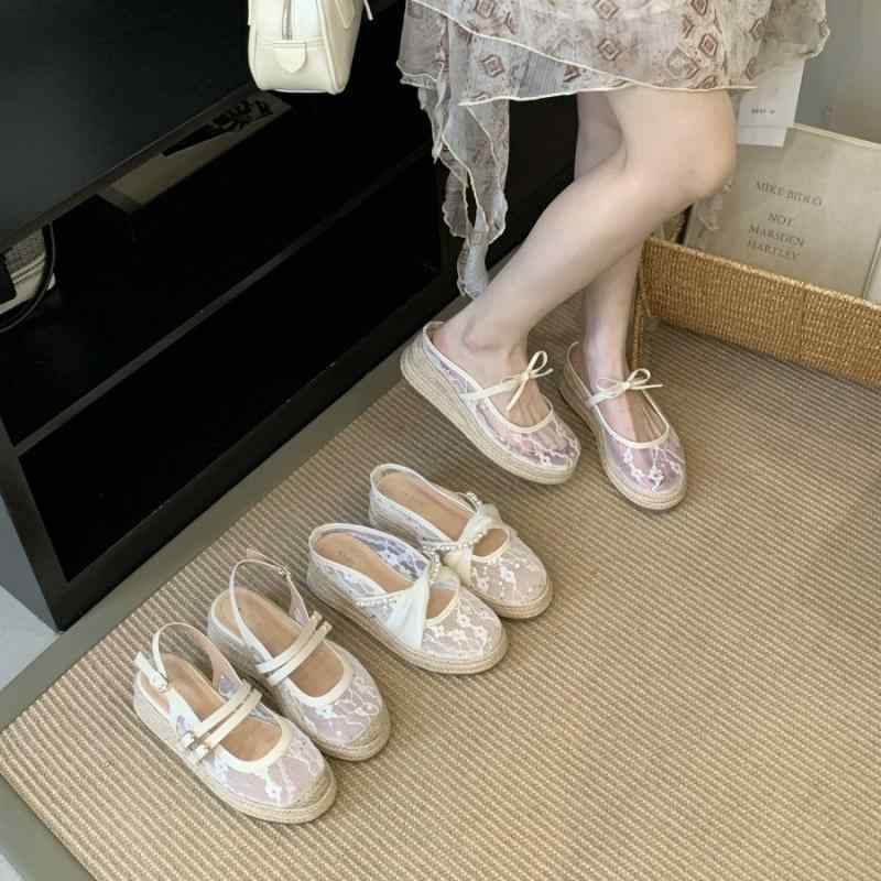 女性用 包頭 オープントゥ サンダル レース 網紗 切り替え 透け感 通気性 厚底 漁夫スタイル 草編み 履きやすさ 珍珠杏色 ピンク系 アイボリー 夏用 軽量 伸縮性 接触冷感 吸湿速乾 ファッション 普段使い アウトドア カジュアル スタイル