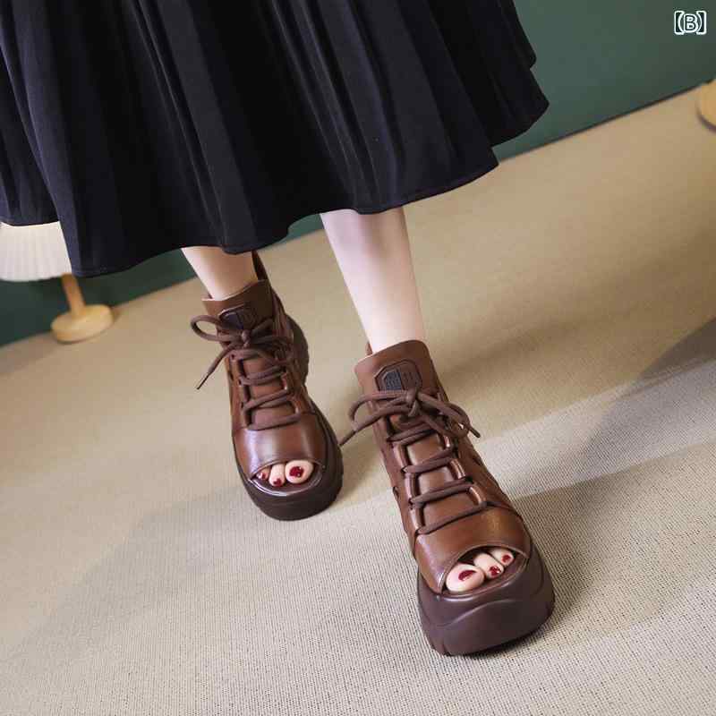 女性用 厚底サンダル 魚口 ローマスタイル 春夏 メンズ風 ストラップ 厚底 ヒール 10cm リアルレザー 牛革 ポリウレタンソール ブラック ブラウン 軽量 通気性 伸縮性 ハイヒール ハイカット オープントゥ カジュアル 普段使い アウトドア 夏用