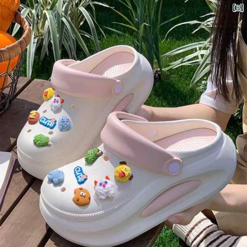 レディース 洞洞靴 夏季 室内履き 厚底 増高 包頭 かわいい キャラクターデザイン ...