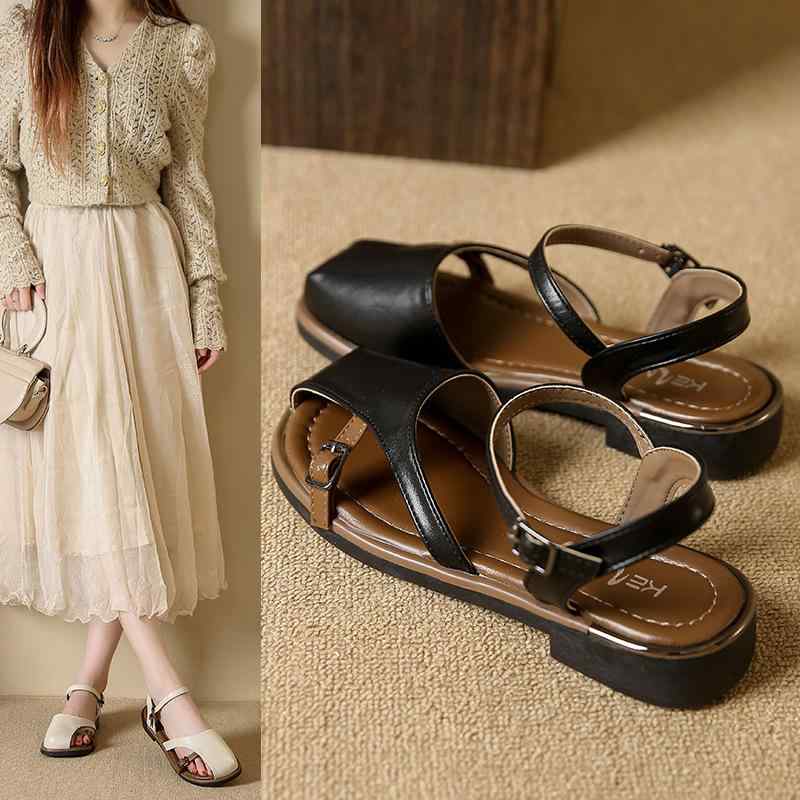 ローマサンダル レディース 仙女風 復古 バックル オープントゥ 中空 夏用 韓国風 平底 ソフトソール 快適 透気性 耐摩耗 PU素材 ラバーソール ラウンドトゥ 純色 低幫 バックオープン サイドオープン 米白 ブラック ダークブラウン 春夏 カジュ