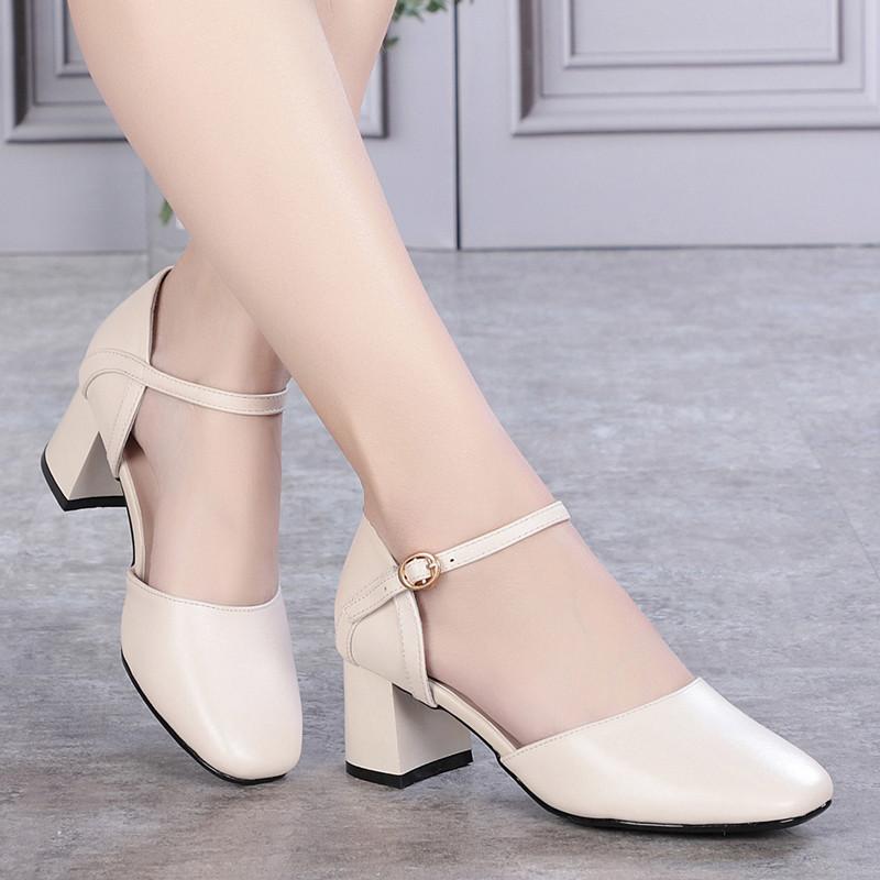 春夏 レディース ソフトレザー オープントゥ フラットサンダル ミドルヒール ワークシューズ ストラップ ラウンドトゥ シングルシューズ ブラック 米白色 超繊維 ラバーソール 甘めスタイル 通勤 普段使い 軽量 伸縮性 接触冷感 吸湿速乾 ハイウエスト