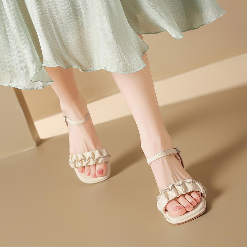 サンダル 女性用 2025 夏 新作 優雅 柔軟 見高 粗中ヒール ワンストラップ ラウンドトゥ PUレザー TPUソール 米色 杏色 浅黄色 軽量 通気性 伸縮性 接触冷感 ハイカット ビッグシルエット Vネック ブラック ピンク系 アイボリー 春夏