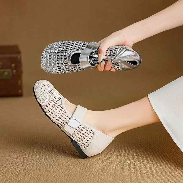 ローマンサンダル 女性用 夏 メンズ風 法式 編み込み 透かし 穴あき クロッシェシューズ メアリージェーン 丸トゥ ストラップ ローマ風 クールメッシュ シルバー アイボリー ブラック 超繊維 ゴムソール バックル式 軽量 吸湿速乾 通気性 快適 カジ