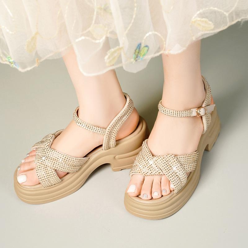 サンダル 女性用 厚底 本革 夏用 ストラップ ビーチシューズ インソール ソフトソール ローマン ウェッジヒール インクリース ブラック 杏色 通勤用 普段使い 軽量 伸縮性 吸湿速乾 接触冷感 丸トゥ ストラップ 着脱簡単 牛筋底 PU内張り 牛皮ア