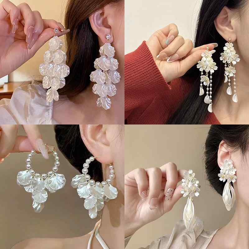 イヤリング 女性用 ロング フラワーモチーフ 花びら 葉 シェル フリンジ デザイン ...