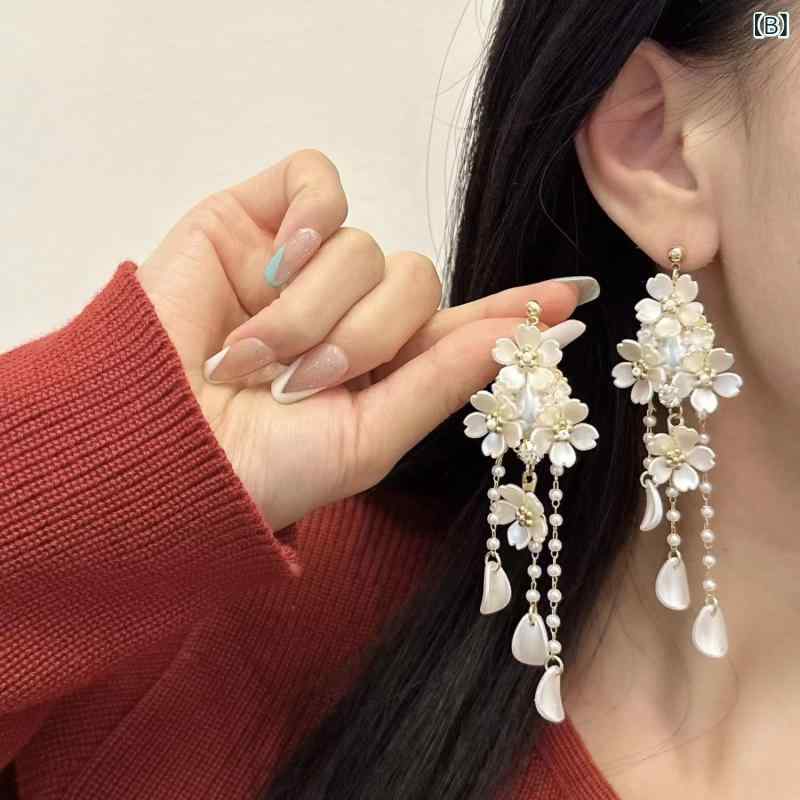 イヤリング 女性用 ロング フラワーモチーフ 花びら 葉 シェル フリンジ デザイン ...