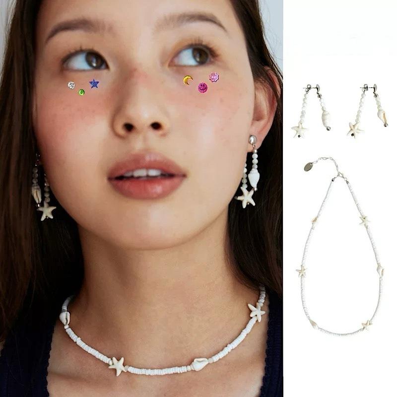 アクセサリー レディース 手作り 貝殻 海星 S925シルバー マルチウェイ 吊り下げ イヤリング ネックレス 鎖骨チェーン 蛇骨チェーン U字型 幾何学型 海島ガール ピンク系 アイボリー 接触冷感 軽量 個性派 秋 かわいい ラッキーアイテム