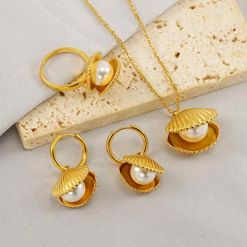 레이디스 쥬얼리 세트 귀걸이 목걸이 팔찌 진주 조개 디자인 심플 기품 경량 불锈钢 전기 도금 가공 18 K풍 크로스 체인 패션 통근 스타일 가을 겨울 자연 모티브