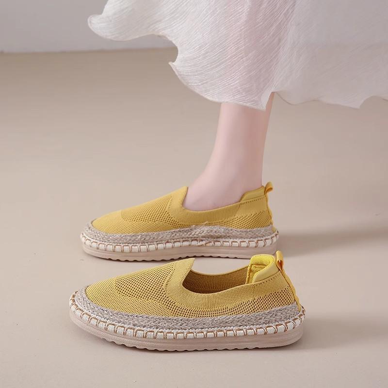 女性用 夏季 透気 漁夫靴 網面 飛織 スニーカー 低め フラットシューズ 低跟 丸頭 網布 ゴムソール メッシュ内里 軽量 吸湿速乾 ルーズ..