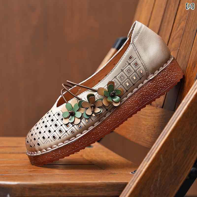 サンダル 女性用 春夏 透気 軽量 防滑 穴あき フラット ローカット 丸トゥ イーサル 牛革 純色 乳白色 焦糖色 卡其色 魔术贴 低幫 包跟 満側 粘着底 ワックス加工 仿皮内里 春秋 日常 通勤 軽便 吸湿速乾 民族風 復古 ミドルエイジ ママ向け