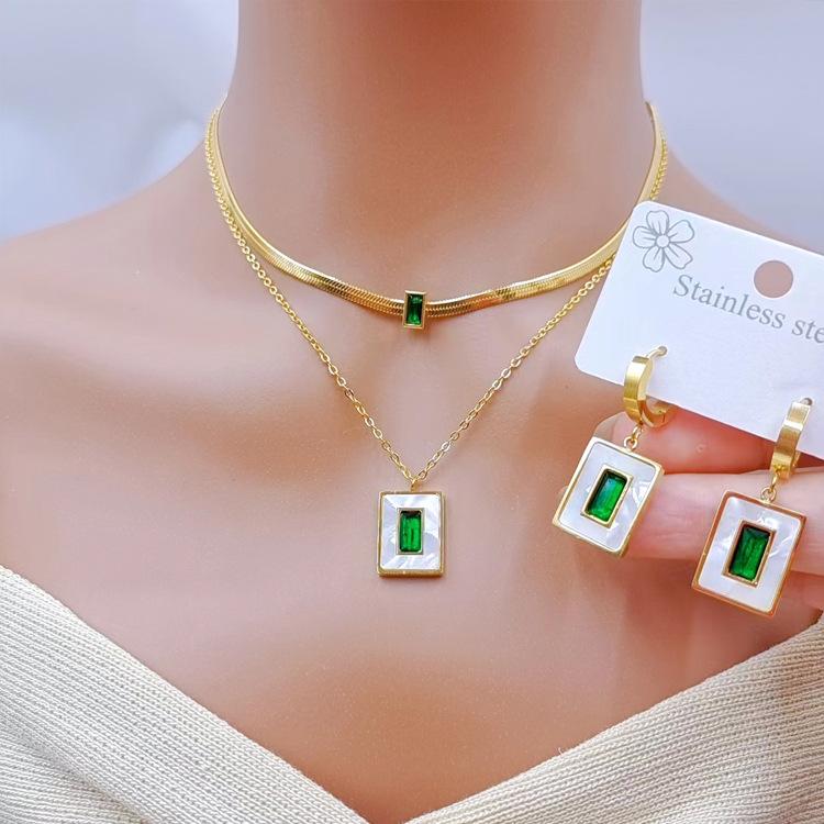 レディース アクセサリー セット ベアシェル ロングネックレス 吊り下げ チェーン グリーン ジルコニア ピアス ブレスレット ティタニウム 電気メッキ加工 刀刃 チェーン ファッション 通勤 百搭 自然 秋冬 軽量 伸縮性