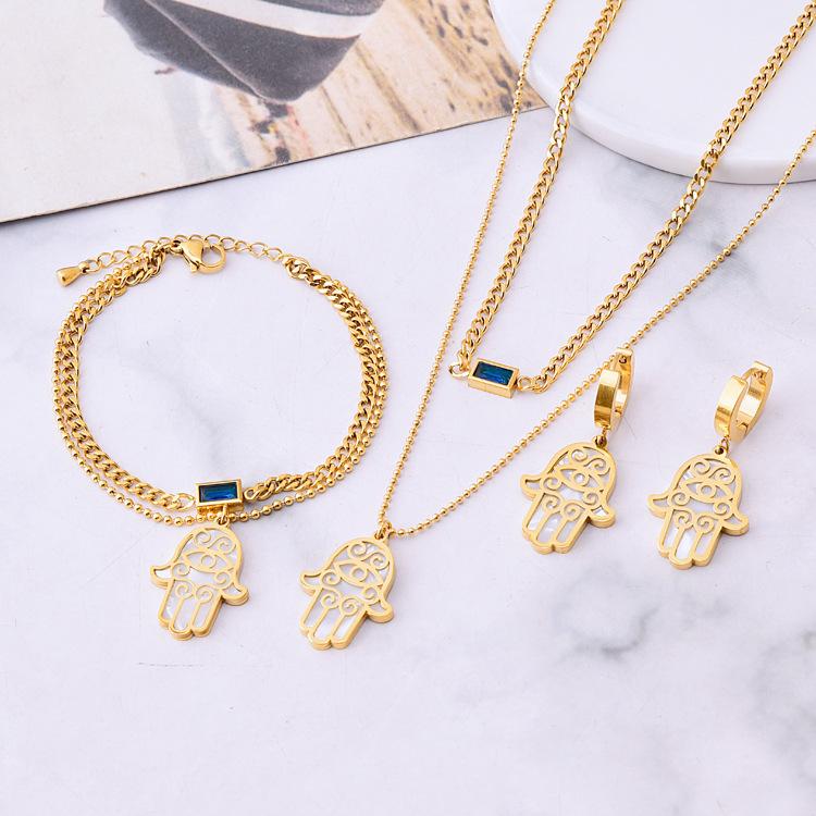 Women's Jewelry Set: Fashionable Clavicle Chain Necklace and Earrings Set with Square Zirconia, Seashell, and Hand Motif. Stainless Steel. Basic Chain Design. Autumn/Winter Natural Motif. Suitable for Commuting. Refined Silhouette. Lightweight Material. Stylish Accessories.