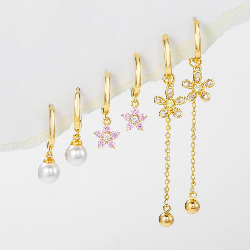 Body Earrings - イヤリング 女性用 花 珍珠 タッセル フラワーペタル ジルコニア イヤーカフ セット ファッション 通勤用 ゴールド ホワイトゴールド 植物モチーフ 華やか 軽量 秋 アクセサリー ハンドメイド風 日常使い
