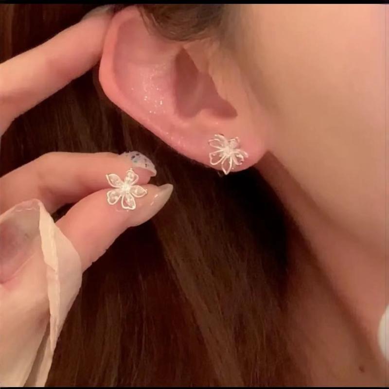 ピアス 女性用 韓国風 シンプル クリア 花モチーフ 蝶モチーフ ダブルレイヤー レ...