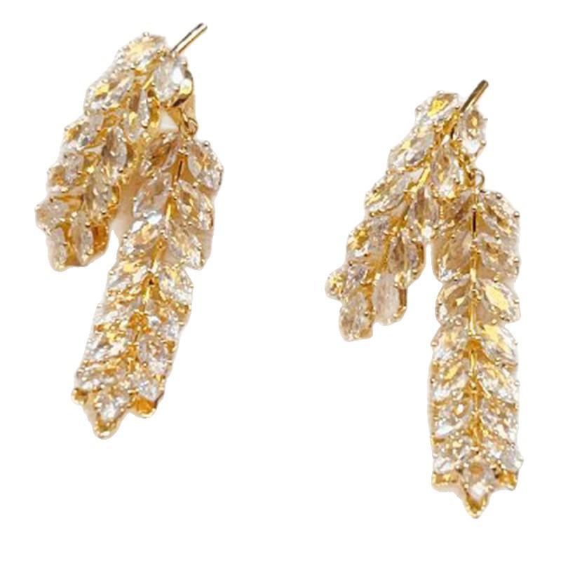 Rubellite - フラワーモチーフ イヤーカフ 女性用 麦わら 花 葉 ジルコニア ピアス イヤリング 軽量 真鍮 電気メッキ加工 花柄 植物モチーフ 夏 ファッション 気品 汎用 アクセサリー 揺れる デザイン