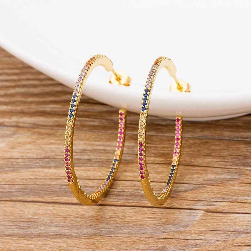 Pink - イヤリング 女性用 18kゴールド メッキ加工 派手 大型 円形 幾何学 フルジルコニア セラミック ドロップ ゴールド 春夏 ファッション 通勤 トレンド 軽量 輝き 華やか スタイリッシュ アクセサリー 日常使い 夜用 モダン デザイン ビッグ サイ