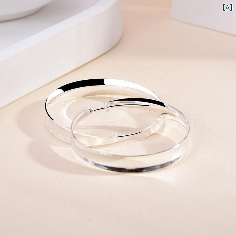 Tourmaline - イヤリング 女性用 純銀 幾何学 デザイン 大型 円形 凹面 シルバーカラー シンプル クール ファッション 通勤 普段使い 伸縮性 軽量 欧米風 アクセサリー