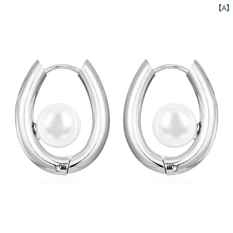 Other - イヤリング 女性用 ファッション 椭圆 デザイン 真珠 インセット ステンレス 18K ゴールド メッキ 軽量 アクセサリー 幾何学 形状 ステンレス 針 夏 シーズン 通勤 スタイル ヨーロッパ 風 ゴールド カラー シルバー カラー 人気 トレンド