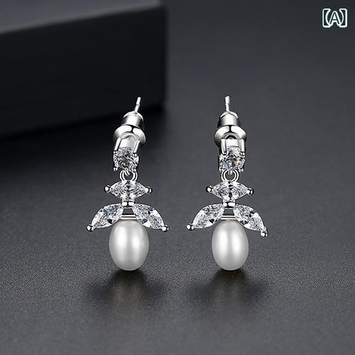 Dravite - イヤリング 女性用 ファッション 通勤用 シンプル 韓国風 真珠 貝殻 ジルコニア 銅製 電気メッキ加工 幾何学 春夏 軽量 華奢 かわいい アクセサリー 普段使い OLスタイル