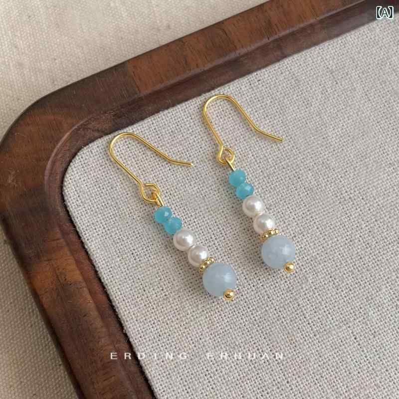 イヤリング 女性用 オリジナル デザイナー ロング タッセル アクセサリー 手作り 夏 アクアマリン ガラス クリスタル ハイライト パール 組み合わせ 幾何学 形状 清新 甘美 スタイル 軽やか 揺れる 装飾 ジュエリー 耳飾り