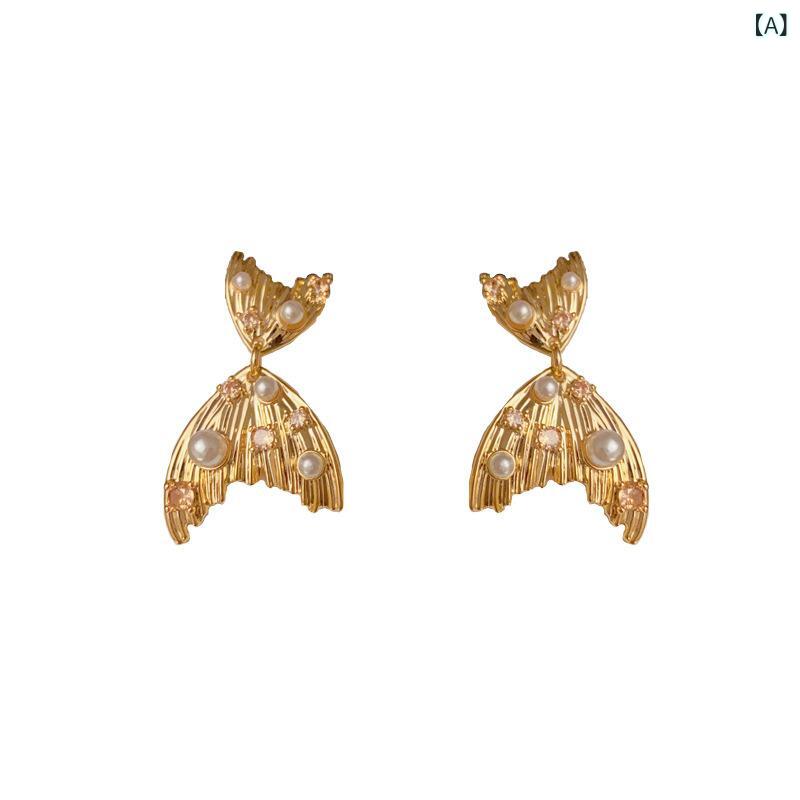 イヤリング 女性用 魚尾 デザイン ピンクゴールド 加工 真珠 装飾 ジルコニア 装飾 動物モチーフ 鯉魚 モチーフ シンプル ファッション 通勤 スタイル 軽量 素材 銅 合金 気質 洗練 高級感 クール トーン アクセサリー 耳飾り 華やか アクセン