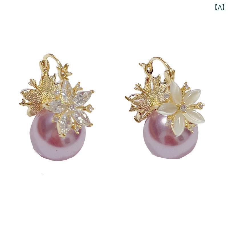 イヤリング 女性用 紫色 花びら デザイン 紫パール イヤーカフ フラワー モチーフ ゴールドメッキ 軽量 シンプル ファッション 通勤 普段使い かわいい アクセサリー 春夏 コーデ