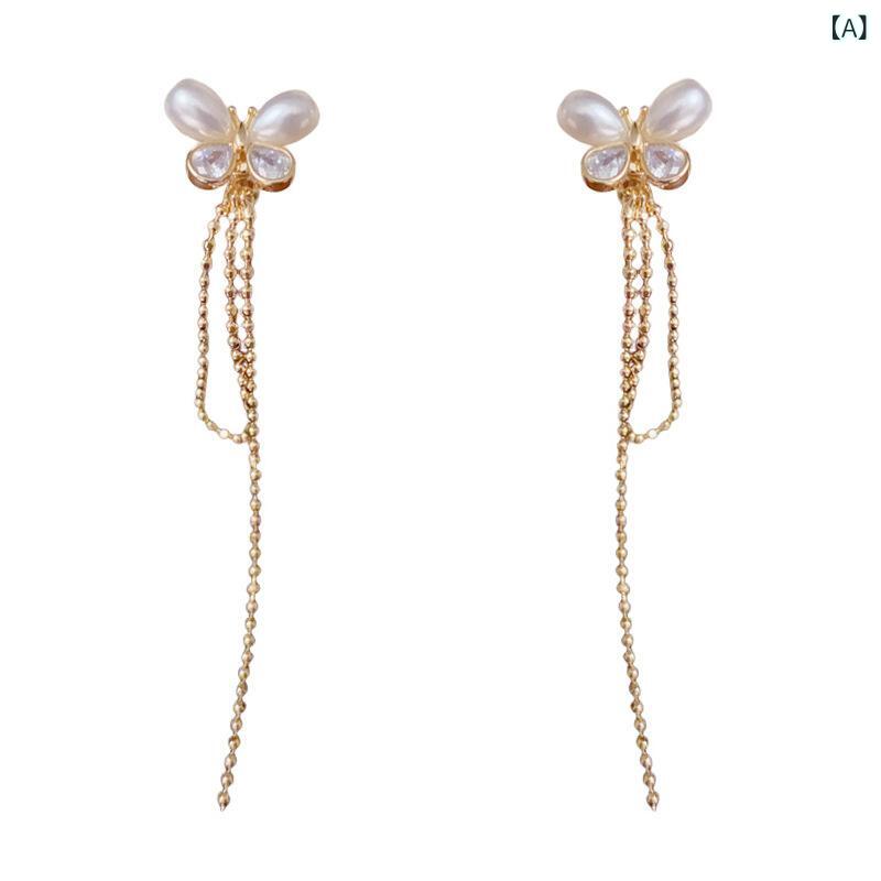 ピアス 女性用 珍珠 蝶 両面 流蘇 イヤーカフ 気質 百搭 細身 925シルバー 針 耳飾り かわいい シンプル ファッション 通勤 動物モチーフ 接触冷感 軽量 金色 銀色 夏 2025年