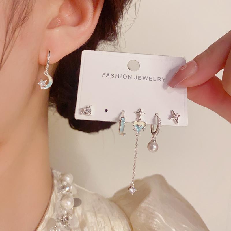 Tourmaline - イヤリング 女性用 夏用 星月 ハート 星形 愛情モチーフ 天然風 グラデーションカラー 真珠 セット 軽量 シンプル ファッション 通勤スタイル 百搭 電気メッキ加工